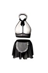 Womens Maid Cosplay Costumes Lingerie Suit Nightwear Bowknot Halter Lace Bra Tops Sheer Mesh Mini Skirt Low Rise G-String Set