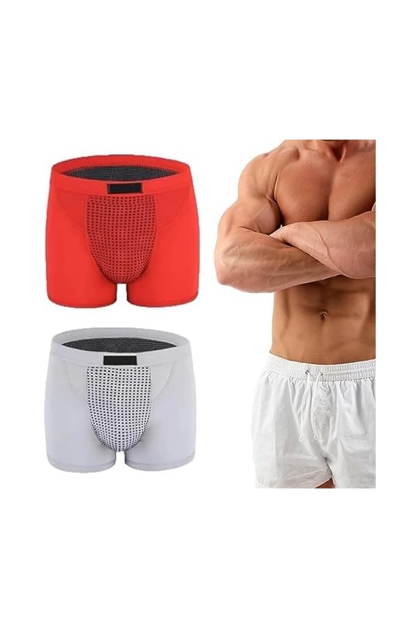 COALHO Mens Magnetic Enlargement Underwear Tourmaline Prostate Therapy Boxer Soft Comfort Shorts Red+Grey,2XL 