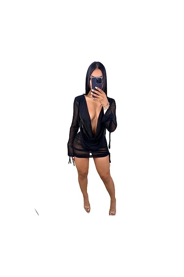 SHANHE Col en V Profond Sexy Mini Robe en Maille Femmes Tenue de fête Noir Voir à Travers à Manches Longues Printemps Club Ro