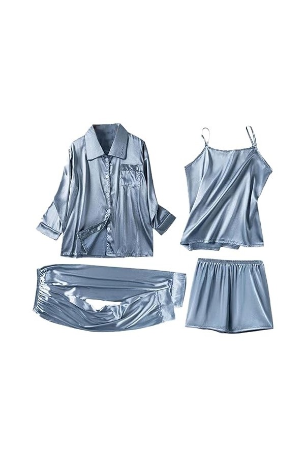 Pyjama quatre pièces ensemble pyjama femme couleur unie col en V chemises de nuit jupe robe ensemble chemise de nuit pour fem