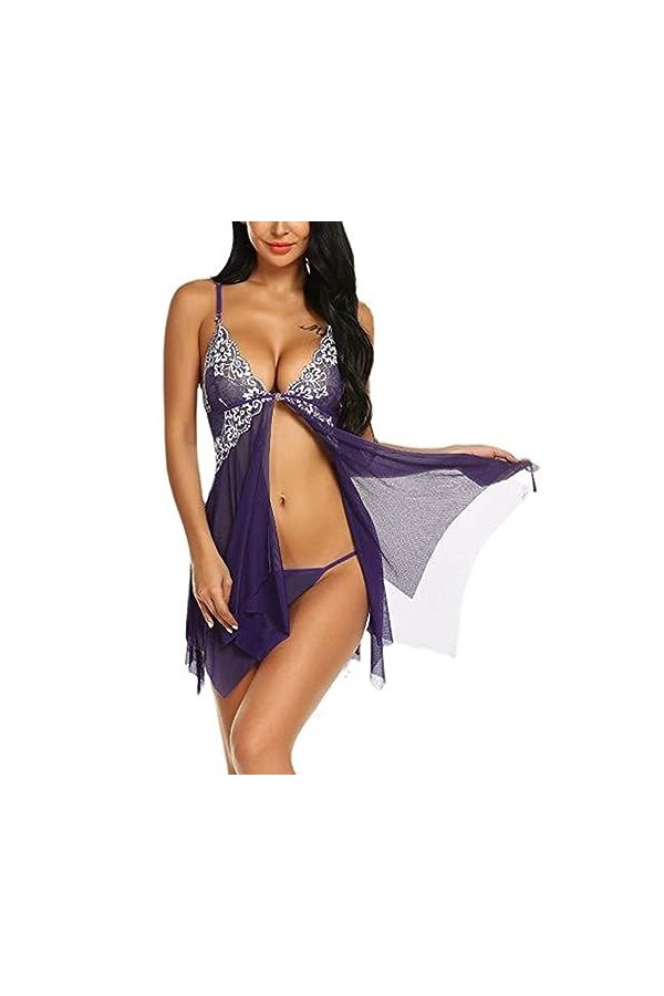 ZTIANEF Couple De Lingerie Robe Sexy Lingerie en Maille Voir À Travers des Fleurs en Dentelle Vêtements De Nuit À Col en V Pr