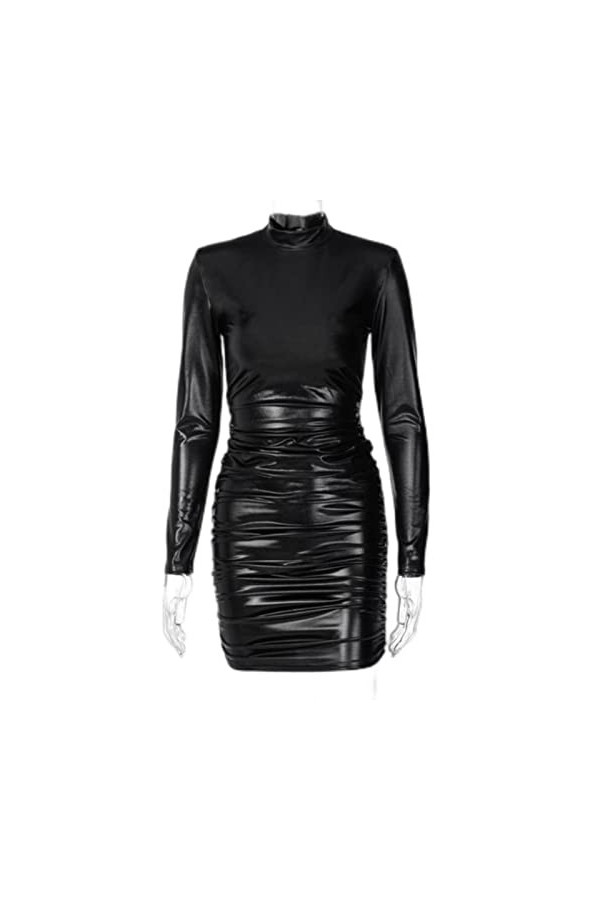WSZJLN Mini Robe en Cuir PU Col Roulé Froncé Manches Longues Moulante Bandage Sexy Streetwear Fête Élégante Automne Hiver Clu