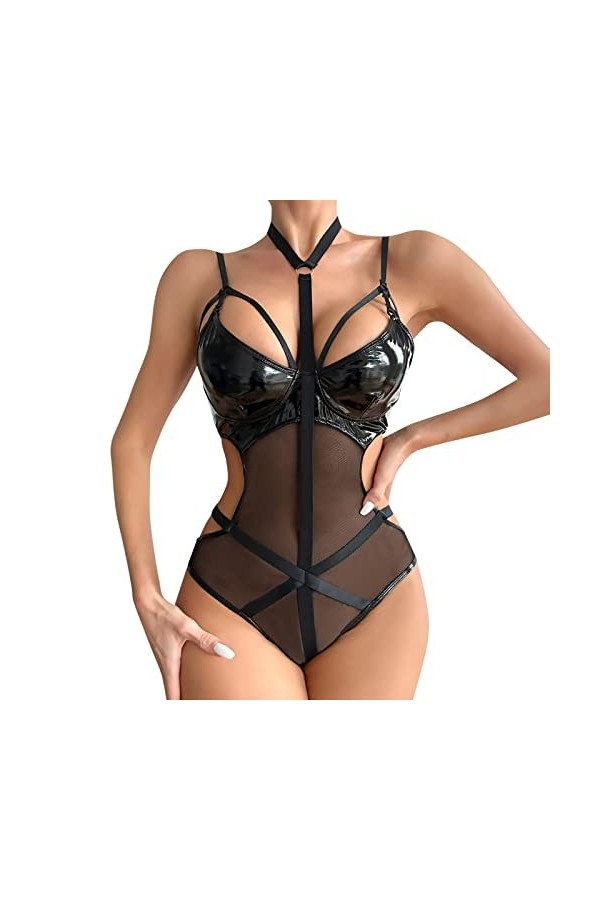 AYJMA Body Sexy pour Femmes Évider Chaud Transparent Licou Cou Maille Cuir Lingerie Costumes Exotiques,Noir,M
