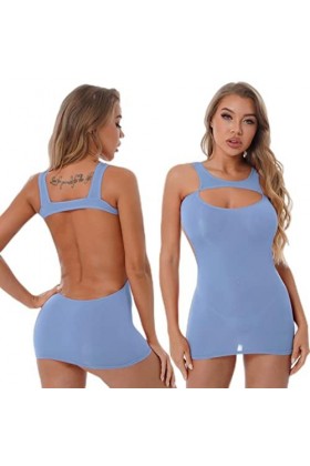 CHOUBAGUAI Mini robe semi-transparente dos nu pour femme - Combinaison sexy - Bleu clair - Taille unique