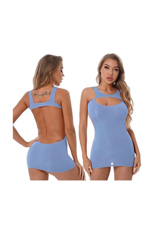 CHOUBAGUAI Mini robe semi-transparente dos nu pour femme - Combinaison sexy - Bleu clair - Taille unique