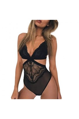 WEITING Lingerie sexy pour femme en dentelle - Nuisette avec découpes - Noir - XXXL