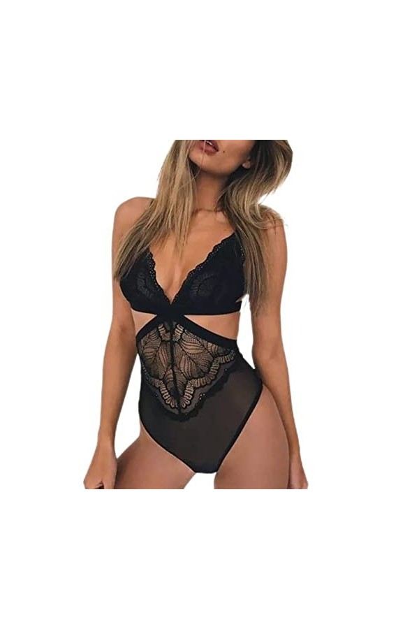 WEITING Lingerie sexy pour femme en dentelle - Nuisette avec découpes - Noir - XXXL
