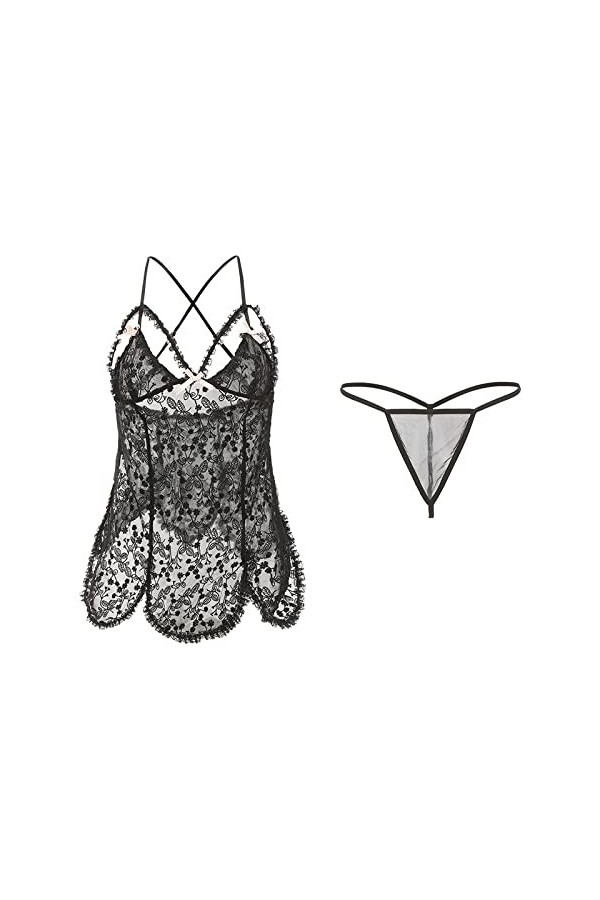 Bodys Femme Lingerie Sexy en Dentelle Transparente pour Femme Grande Taille Chemise De Nuit À Bretelles,Noir 2,M