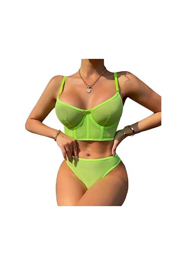 Sexy Lingeries sous-vêtements Neon Intimate Underwired Fish Boned Longline Bras and Panty Set 2 Piece Sheer Mesh Outfit Sexy 