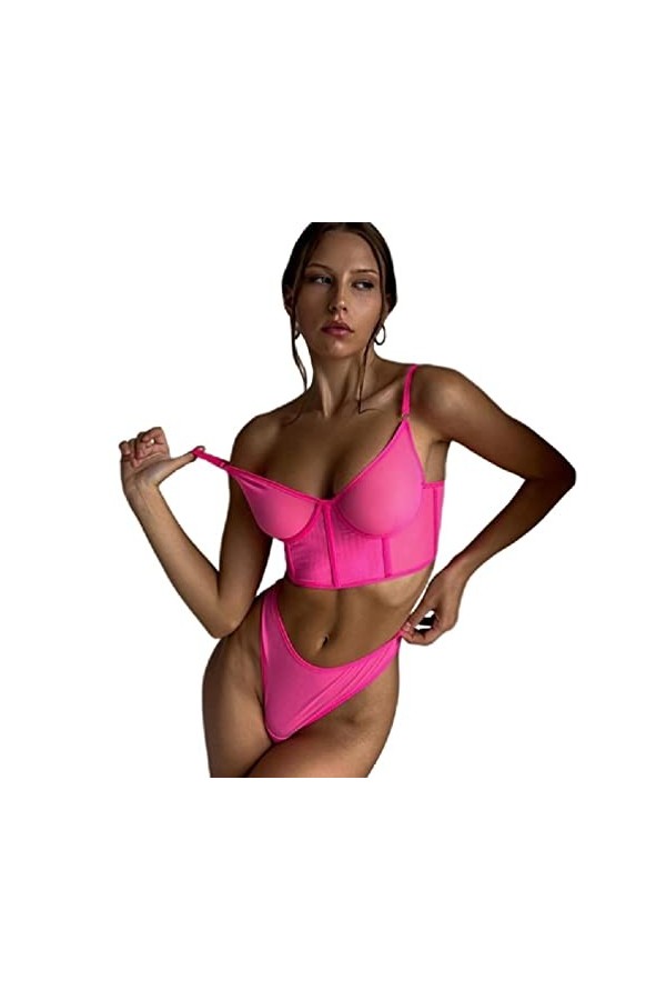 Sexy Lingeries sous-vêtements Neon Intimate Underwired Fish Boned Longline Bras and Panty Set 2 Piece Sheer Mesh Outfit Sexy 