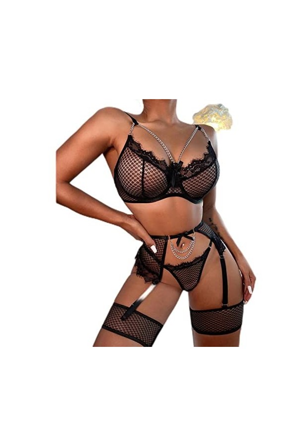 CHOUBAGUAI Sous-vêtements en dentelle transparente soutien-gorge en maille sexy porte-jarretelles sexy, blanc, XL