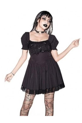 Vêtements Gothiques Noir Robe Dété Femmes Lolita Streetwear Manches Bouffantes Dentelle A-Line Robe Dos Nu Sexy Élégant Part