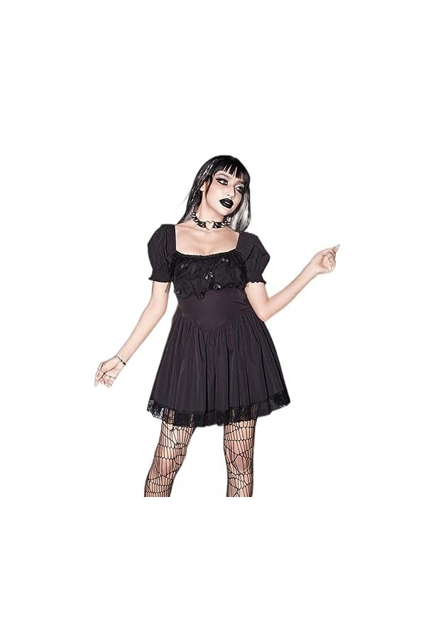 Vêtements Gothiques Noir Robe Dété Femmes Lolita Streetwear Manches Bouffantes Dentelle A-Line Robe Dos Nu Sexy Élégant Part