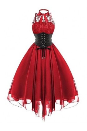 Goth Mesh Sexy Cuir sans Manches Noir Midi Robe Corsets Garniture Femmes Grunge E-Girl Cosplay Patchwork Robe Grunge Robe-Rou