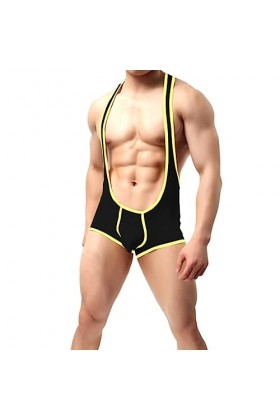 CABULE Mens Sexy Lingerie Bodystocking Wrestling Bretelles Singlet Jockstraps Bulge Pouch Boxer Underwear Body-Black B,M