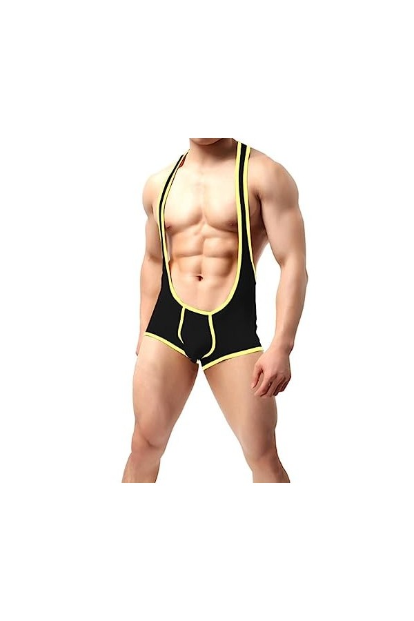 CABULE Mens Sexy Lingerie Bodystocking Wrestling Bretelles Singlet Jockstraps Bulge Pouch Boxer Underwear Body-Black B,M