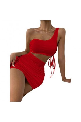 CHOUBAGUAI Élégante robe crayon ajourée à nouer une épaule dénudée sans manches pour femme - Dos nu - Mini robe froncée pour 