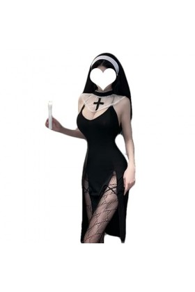JasmyGirls Nonne Costume Sexy Cosplay Lingerie Halloween Anime Maid Tenue Goth Devil Roleplay Naughty Succube High Slit Dress
