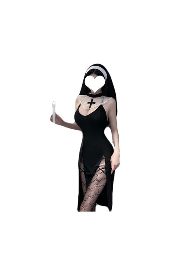 JasmyGirls Nonne Costume Sexy Cosplay Lingerie Halloween Anime Maid Tenue Goth Devil Roleplay Naughty Succube High Slit Dress