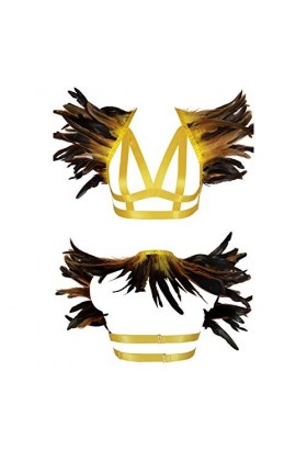 Harnais de Corps Femme Plume Soutien-Gorge Cage à Lingerie Sangle Taille Ajustable Festival Rave Gothique Punk Ceinture Haut 