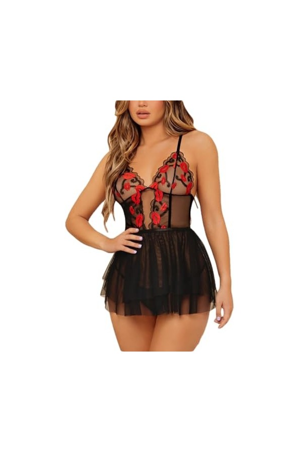 ZTIANEF Nuisettes Et Deshabillés Chemise De Nuit Sexy Col en V Profond Voir À Travers La Lingerie Vêtements De Nuit Transpare