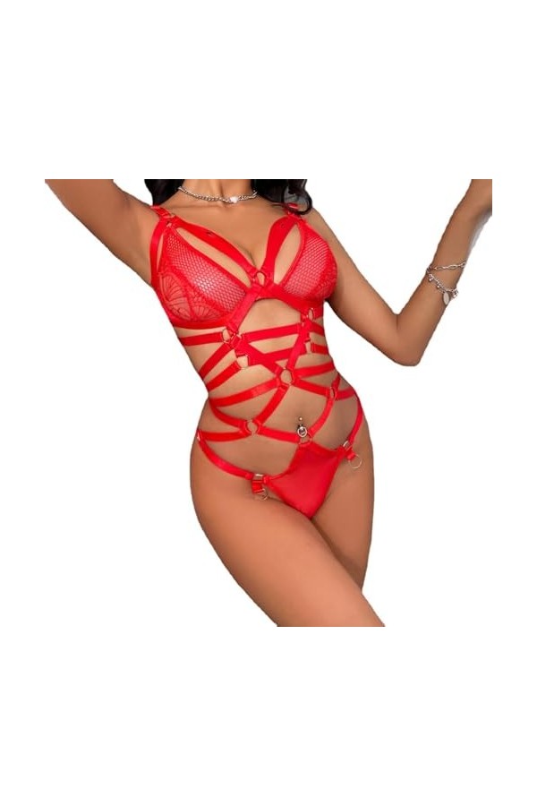 ZTIANEF LentrejambeSexy Bretelles Maille Transparente ajourée Combinaison érotique, Rouge, M