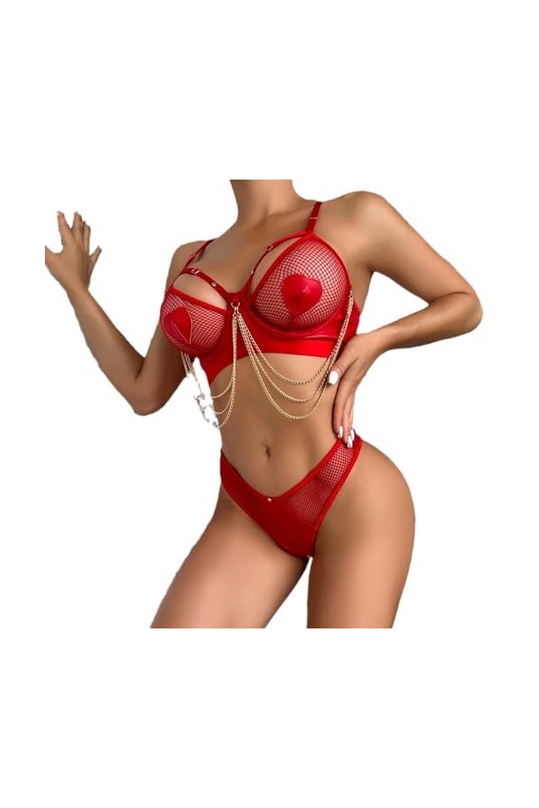 InfirmièreSexy chaîne en métal Mesh Love Mood Fun Lingerie Set, Rouge, M