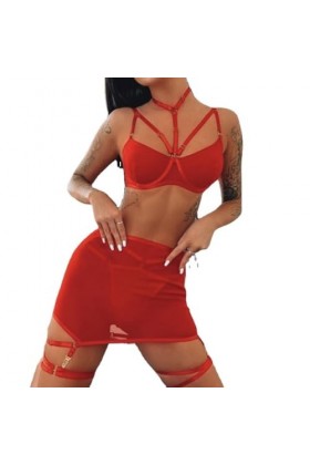 NoëlPanneaux en Maille Sexy Lingerie érotique Trois pièces, Rouge, M