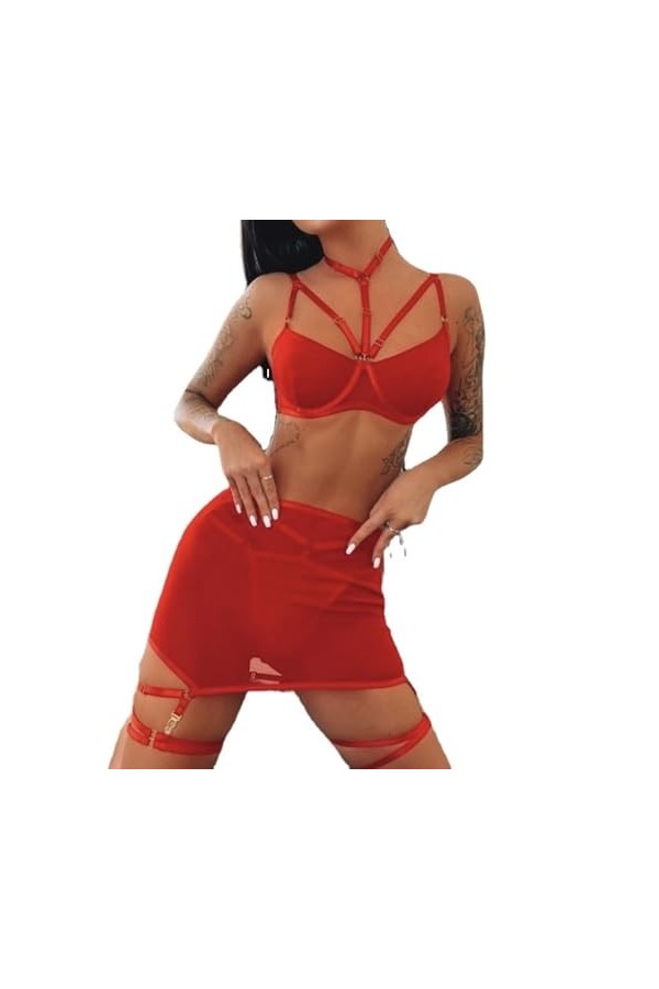 NoëlPanneaux en Maille Sexy Lingerie érotique Trois pièces, Rouge, M