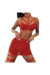 NoëlPanneaux en Maille Sexy Lingerie érotique Trois pièces, Rouge, M