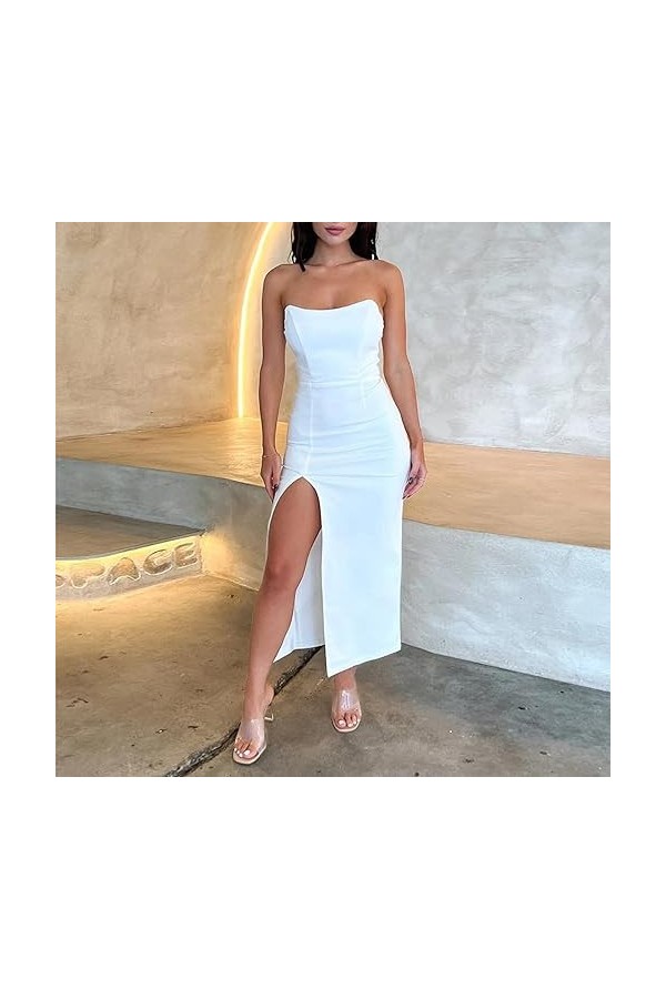 Lovehomily Femmes sans Bretelles sans Manches Club Sexy Moulante Tube Longue Robe Dames Sexy épaules Nues côté Fente Robe fro