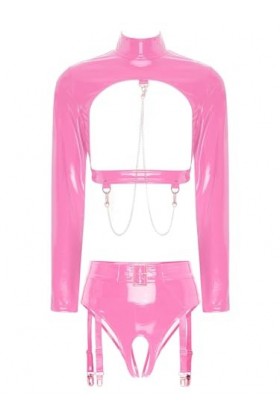 Kaerm Ensemble Lingerie Latex Sexy Femme Demi Soutien-Gorge Seins Nu Dentelle String Ficelle Clubwear sous-Vêtement S-4XL Ros