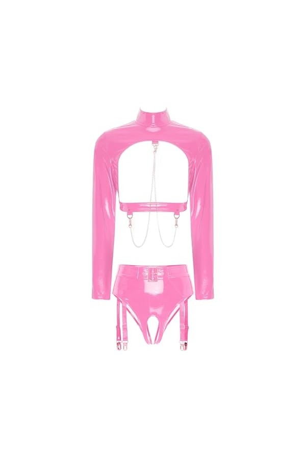 Kaerm Ensemble Lingerie Latex Sexy Femme Demi Soutien-Gorge Seins Nu Dentelle String Ficelle Clubwear sous-Vêtement S-4XL Ros