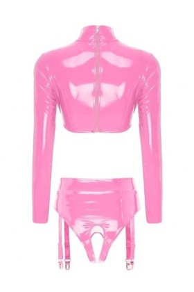 Kaerm Ensemble Lingerie Latex Sexy Femme Demi Soutien-Gorge Seins Nu Dentelle String Ficelle Clubwear sous-Vêtement S-4XL Ros