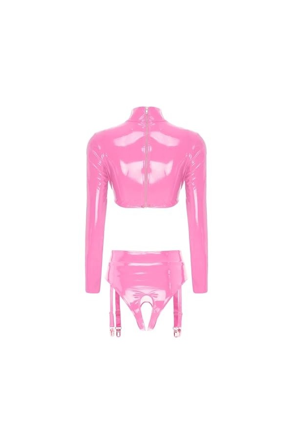 Kaerm Ensemble Lingerie Latex Sexy Femme Demi Soutien-Gorge Seins Nu Dentelle String Ficelle Clubwear sous-Vêtement S-4XL Ros