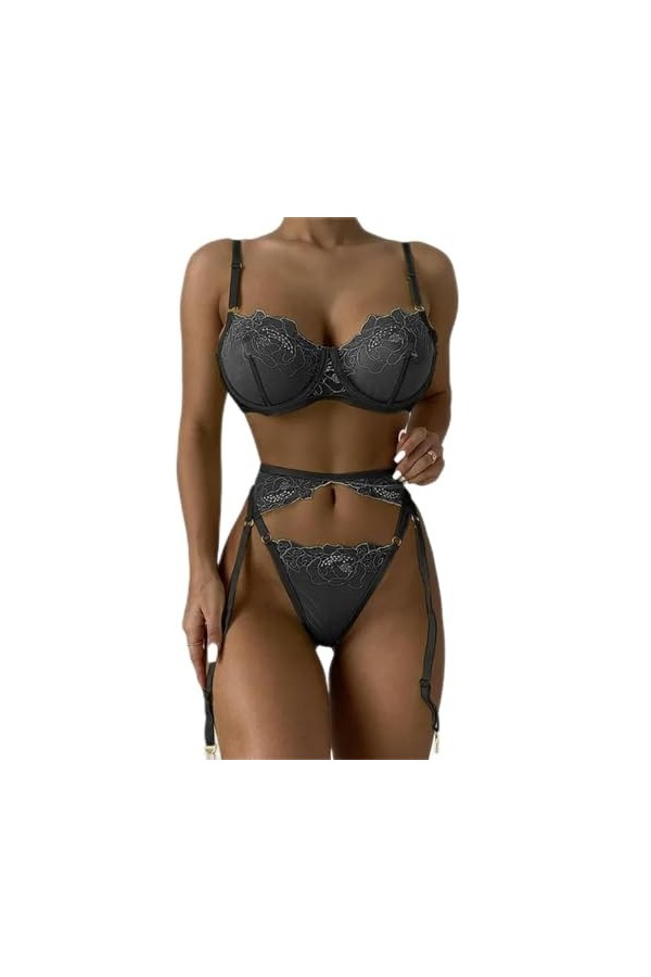 Ensemble de sous-vêtements sensuels pour femmes avec porte-jarretelles, A-BLACK, XL