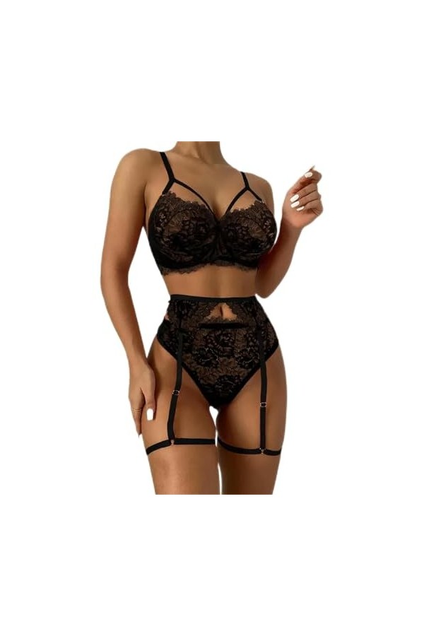 Ensemble de sous-vêtements sensuels pour femmes avec porte-jarretelles, A-BLACK, XL