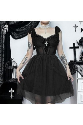 CABULE Robe Gothique en Maille Sombre Perspective Coupe Slim en Dentelle Harajuku Y2K Vintage Sexy Fille Épicée Sangle Robes 