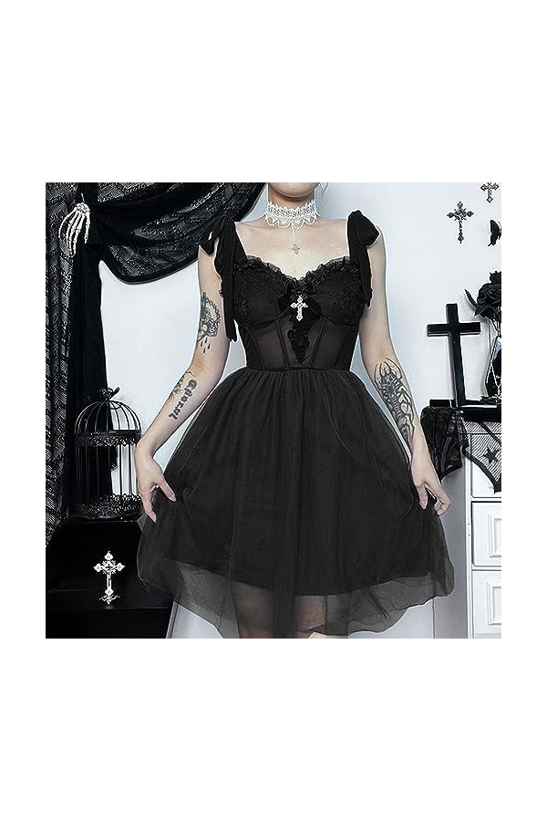 CABULE Robe Gothique en Maille Sombre Perspective Coupe Slim en Dentelle Harajuku Y2K Vintage Sexy Fille Épicée Sangle Robes 
