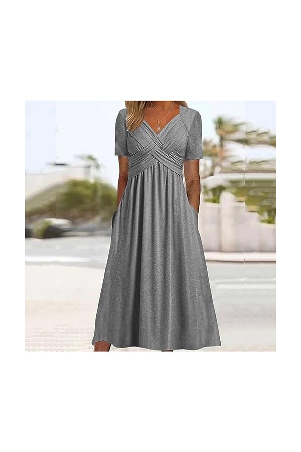 UOWEG Mesdames col en V Manches Courtes Robe de Couleur Unie Mode Robe Longue Ample Robe Pailleté Grey, M 