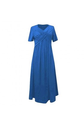 UOWEG Mesdames col en V Manches Courtes Robe de Couleur Unie Mode Robe Longue Ample Robe Pailleté Blue, S 