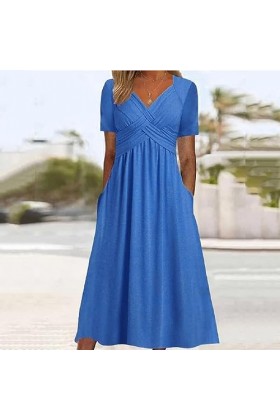 UOWEG Mesdames col en V Manches Courtes Robe de Couleur Unie Mode Robe Longue Ample Robe Pailleté Blue, S 