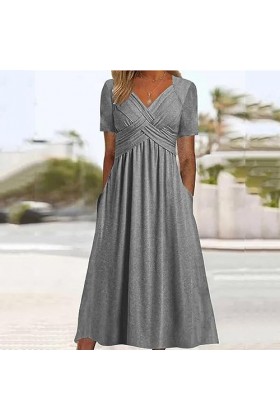 UOWEG Mesdames col en V Manches Courtes Robe de Couleur Unie Mode Robe Longue Ample Robe Pailleté Grey, L 