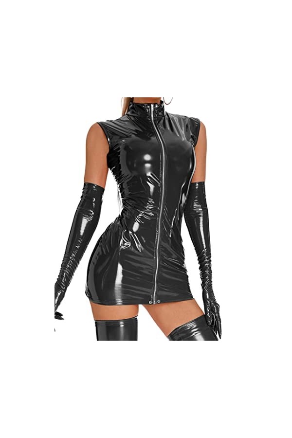 SHANHE Womens Patent Leather Bodycon Dress Stand Collar Zipper Closure Mini Dresses Female Clubwear Rave Party Outfit for Pol