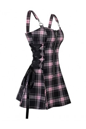 SHANHE Robe Gothique à Carreaux à Lacets Demi-Fermeture Éclair A-Line Mini Quotidien Sexy-Rose Clair,XXL