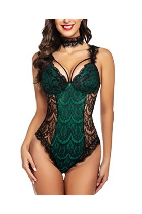 ADOME Lingerie sexy pour femme en forme dourson avec ras-de-cou et dentelle, vert, XXL