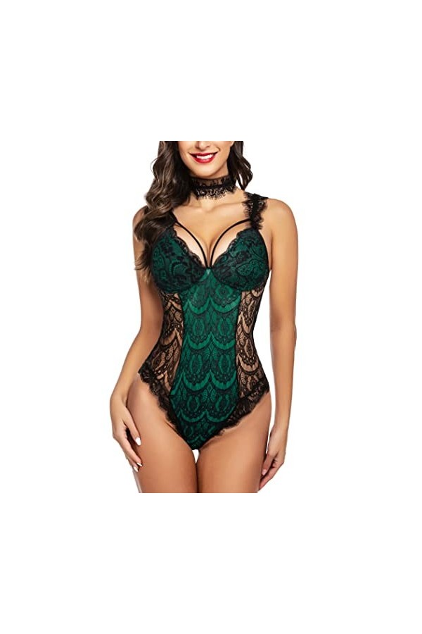 ADOME Lingerie sexy pour femme en forme dourson avec ras-de-cou et dentelle, vert, XXL