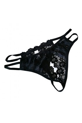 Fenteer Culotte Sous-vêtements String Dentelle Sexy Extensible Ouvert Devant G Chaîne T - Noir, Taille Unique