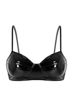 Soutien-gorge sexy en similicuir réfléchissant sans armatures pour femme Noir Taille M