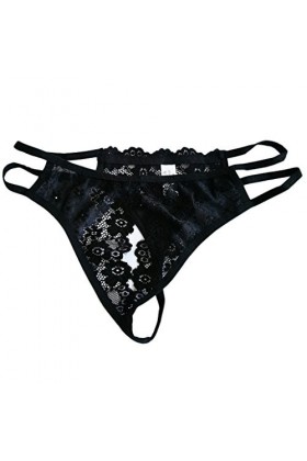 Fenteer Culotte Sous-vêtements String Dentelle Sexy Extensible Ouvert Devant G Chaîne T - Noir, Taille Unique